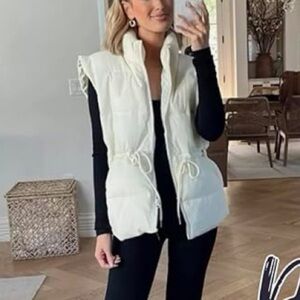 Puffer Vest with Drawstring Waist in Ivory/ Beige